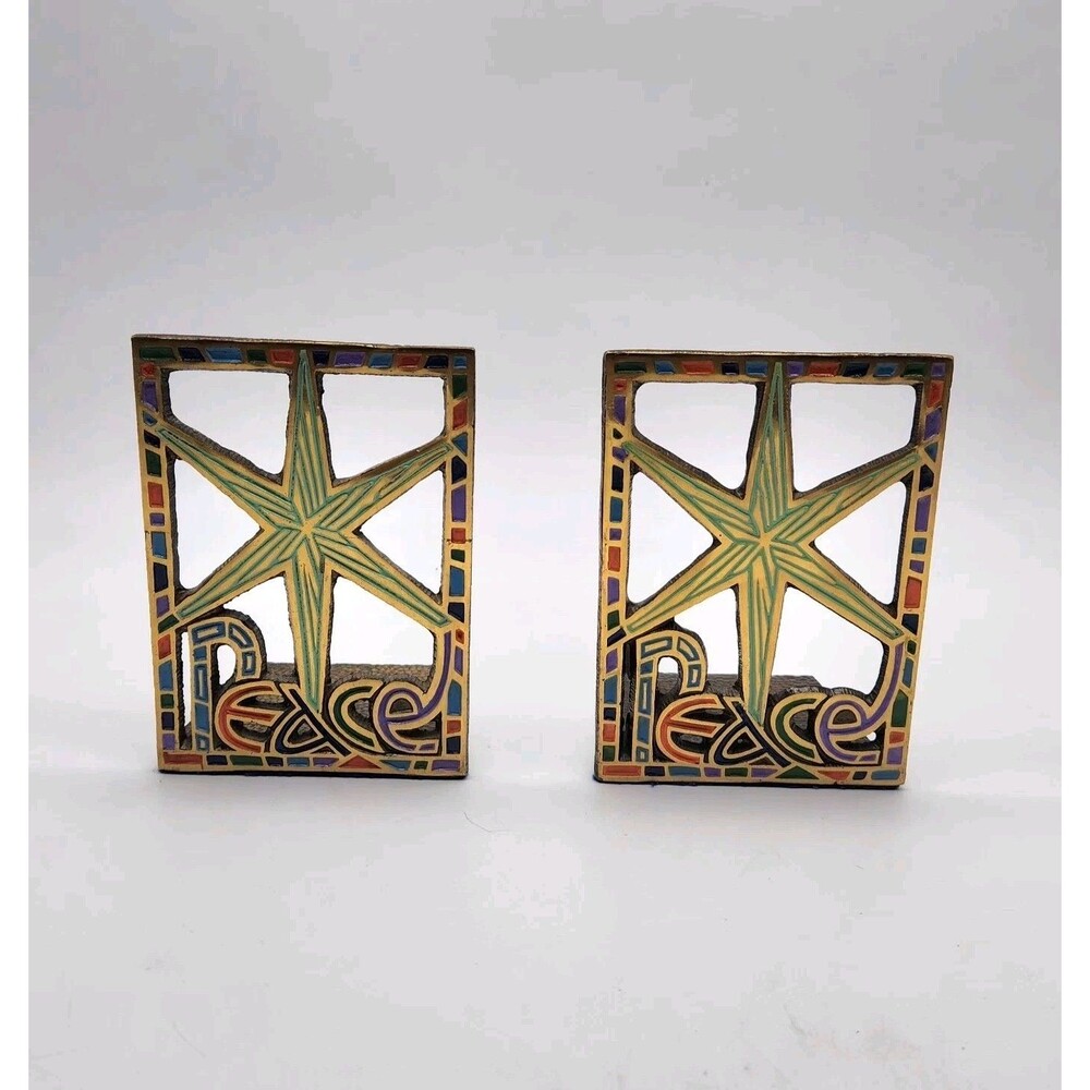 1967 TERRA SANCTA GUILD Fish Israel Enamel on Brass "PEACE" Bookends 5" x 3.75"